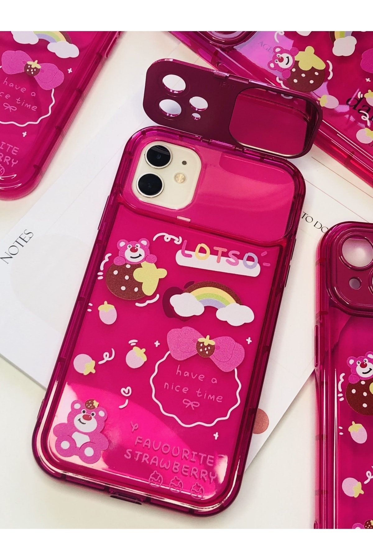 iPhone 12 ProMax Çilek Ve Ayıcık Lotto Pembe Ayna Kapak Case Uyumlu iPhone 12 ProMax Çilek Ve Ayıcık Lotto Pembe Ayna Kapak Case Uyumlu