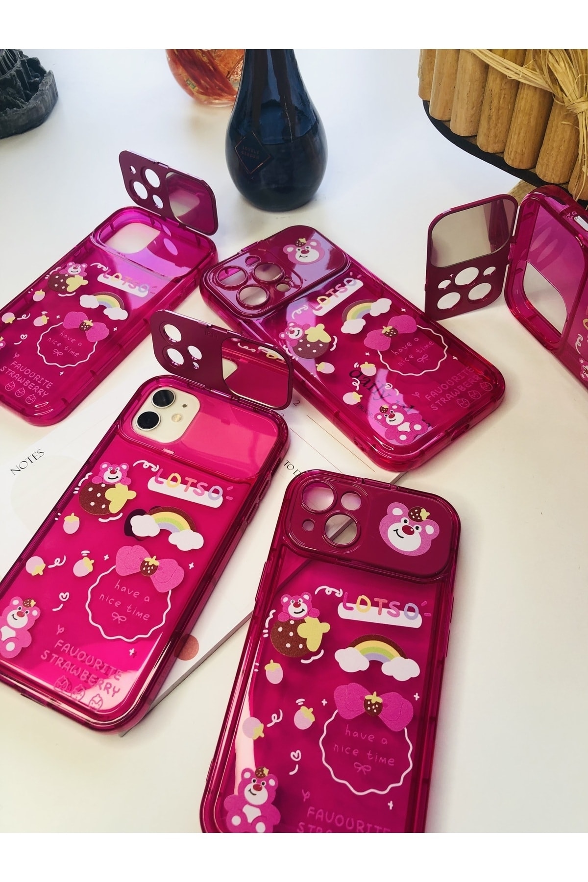 iPhone 12 ProMax Çilek Ve Ayıcık Lotto Pembe Ayna Kapak Case Uyumlu iPhone 12 ProMax Çilek Ve Ayıcık Lotto Pembe Ayna Kapak Case Uyumlu