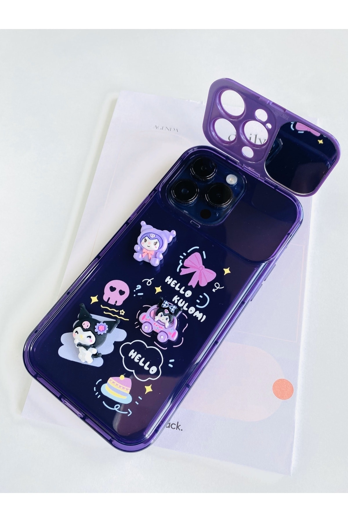 iPhone 13 Hello Kuromi Mor Ayna Kapaklı Uyumlu Kılıf iPhone 13 Hello Kuromi Mor Ayna Kapaklı Uyumlu Kılıf