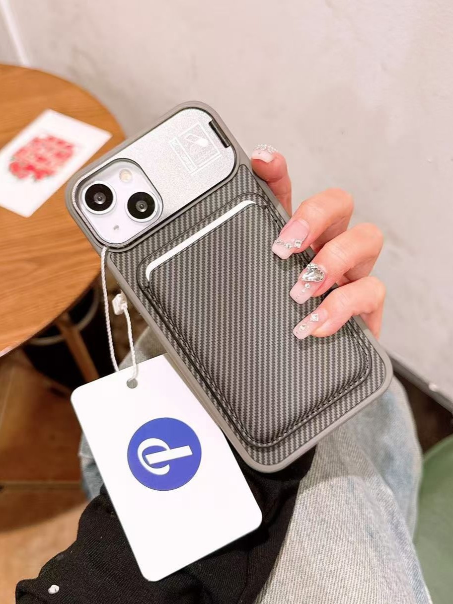 iPhone 13 Ve 14 Uyumlu Kamera Çerçeve Standlı Gri Karbon Deri Cüzdanlı Kılıf iPhone 13 Ve 14 Uyumlu Kamera Çerçeve Standlı Gri Karbon Deri Cüzdanlı Kılıf