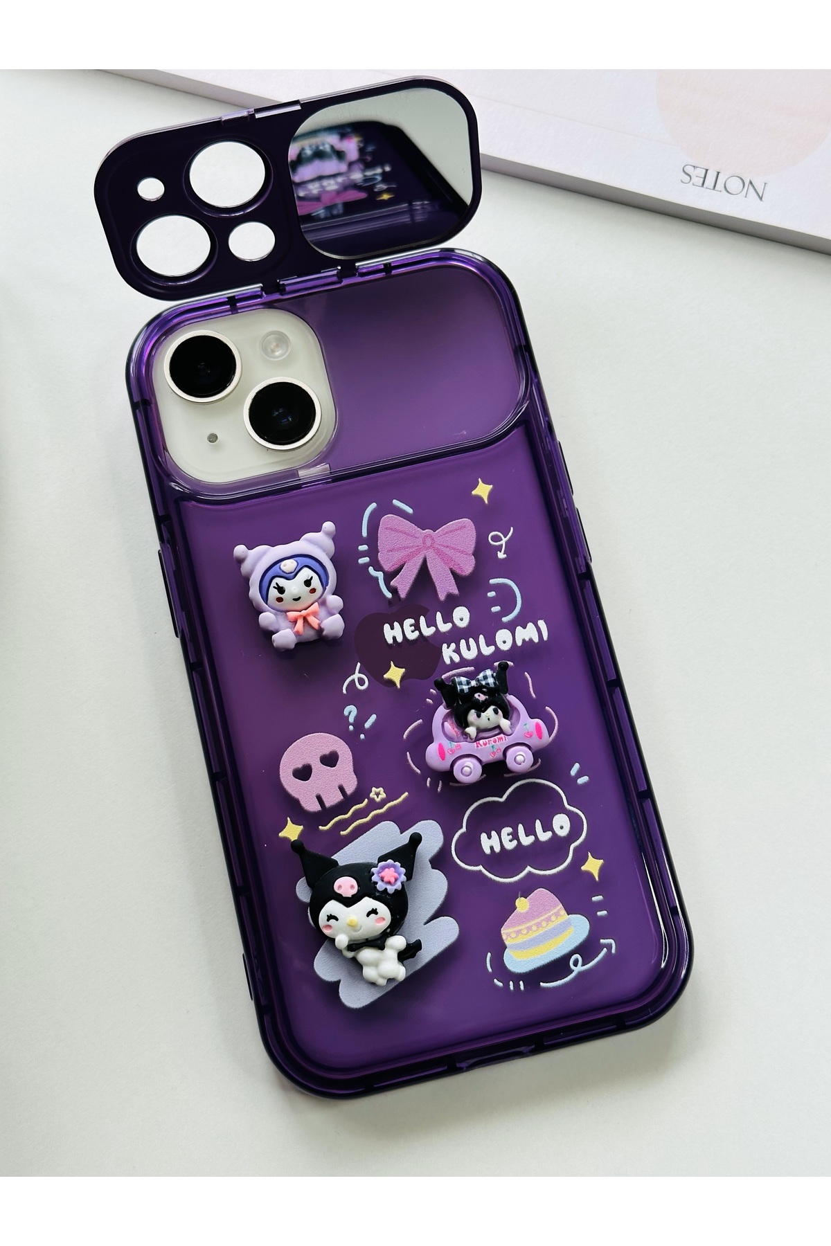 iPhone 14 Plus Uyumlu Hello Kuromi Mor Ayna Kapaklı Kılıf iPhone 14 Plus Uyumlu Hello Kuromi Mor Ayna Kapaklı Kılıf