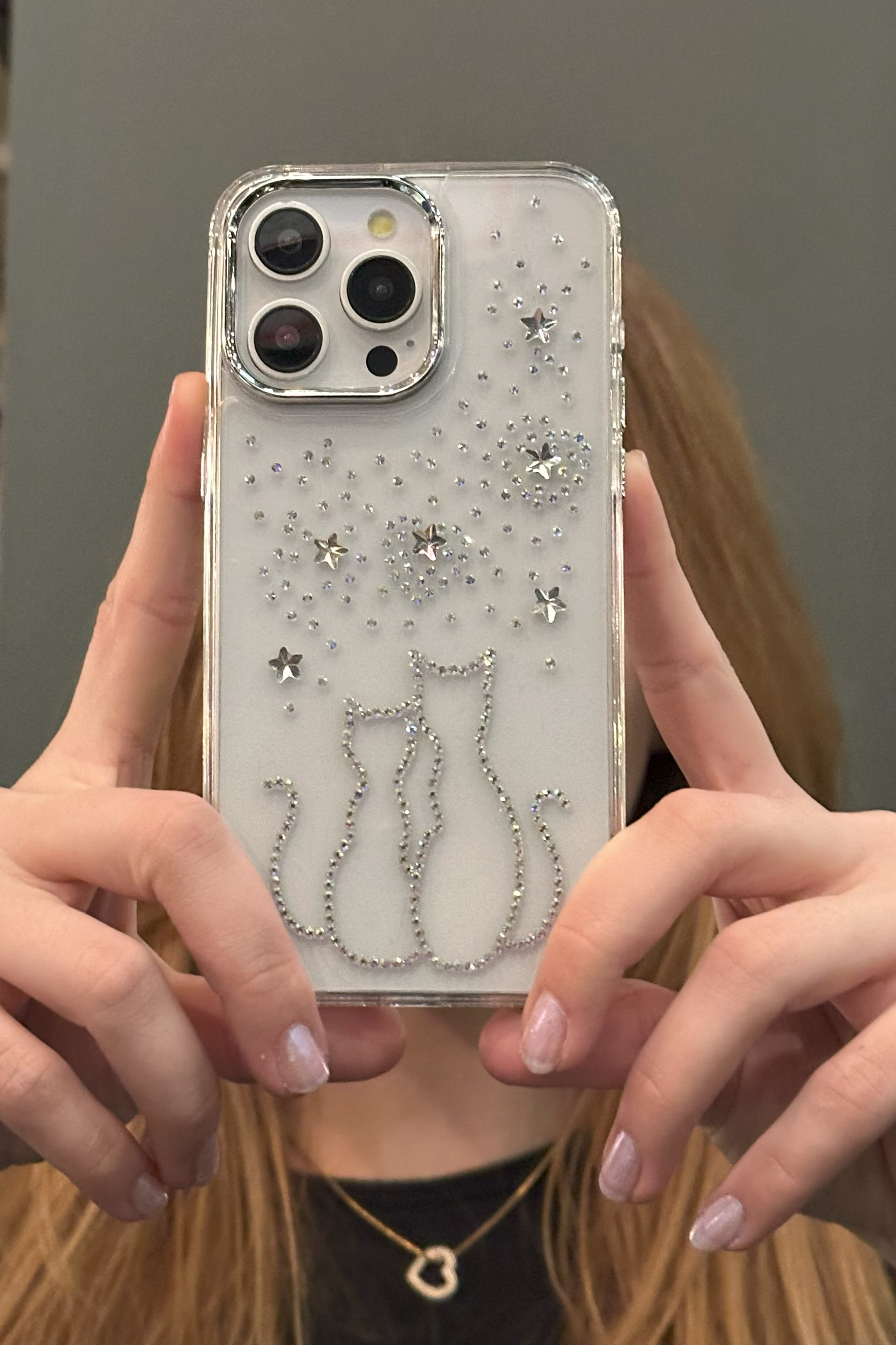 iPhone 14 Pro Max Uyumlu Taşlı Çift Kedi Desenli Şeffaf Kılıf iPhone 14 Pro Max Uyumlu Taşlı Çift Kedi Desenli Şeffaf Kılıf