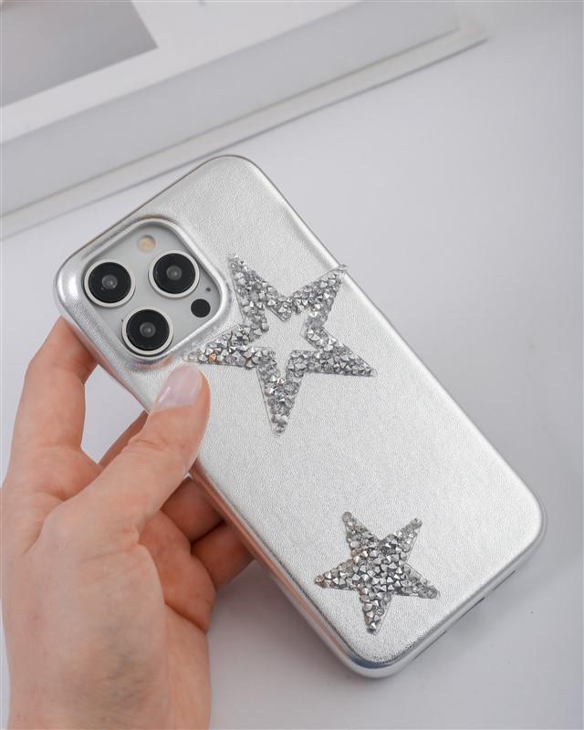 iPhone 14 Pro Uyumlu Lüks Gümüş Yıldızlı Taşlı Kılıf iPhone 14 Pro Uyumlu Lüks Gümüş Yıldızlı Taşlı Kılıf
