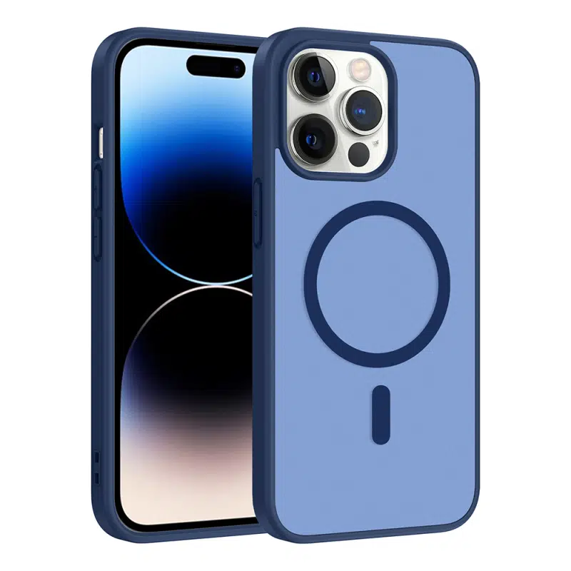 iPhone 14 Pro Uyumlu Mat Parmak İzi Yapmayan Magsafeli Transparan Lacivert Babet Kapak