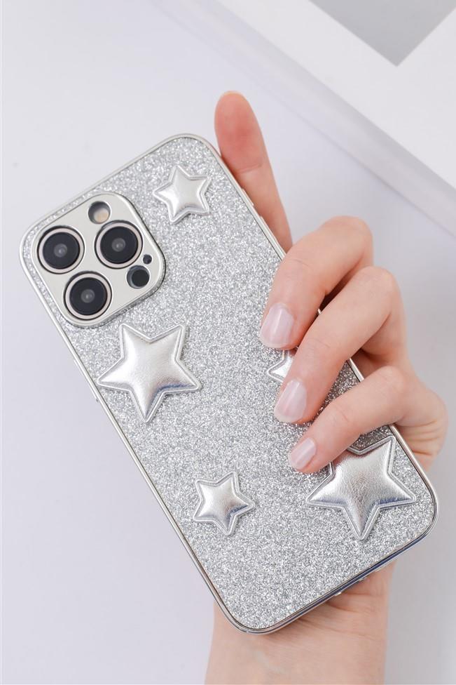 iPhone 14 Promax Uyumlu Gümüş Puf Yıldızlı Simli Kılıf iPhone 14 Promax Uyumlu Gümüş Puf Yıldızlı Simli Kılıf