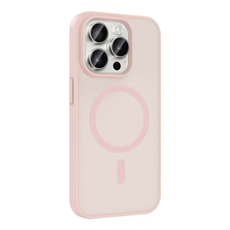 iPhone 15 Pro Uyumlu Mat Parmak İzi Yapmayan Magsafeli Transparan Pembe Babet Kapak