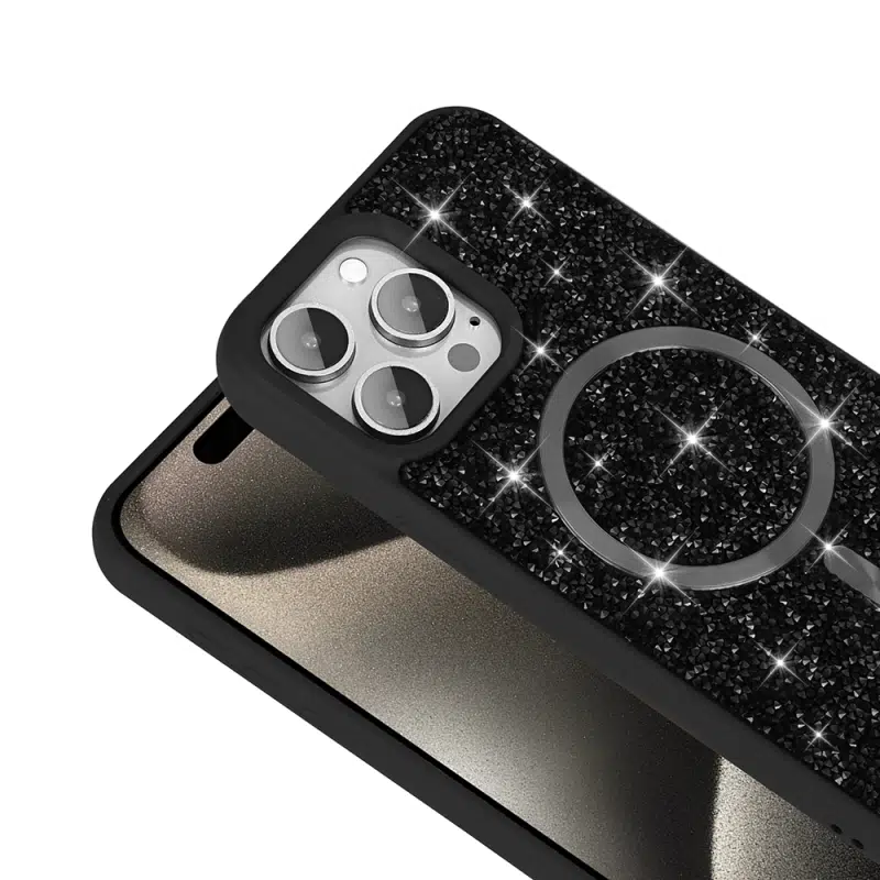 iPhone 15 Pro Uyumlu Pırlanta Tasarım Magsafe Siyah Mozaik Kapak