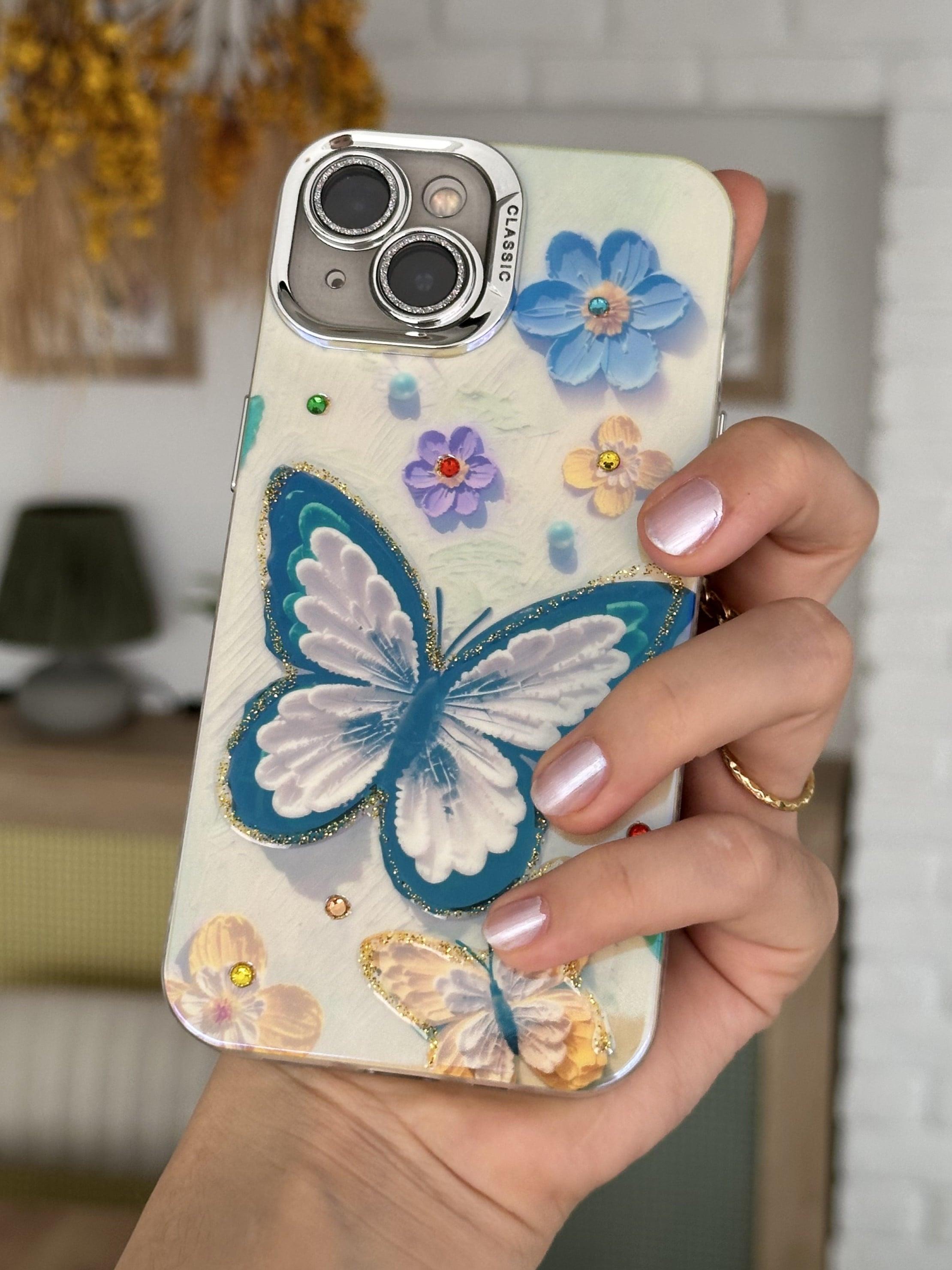 iPhone 15 Uyumlu Lens Korumalı Simli Kelebekli Çiçekli Kılıf iPhone 15 Uyumlu Lens Korumalı Simli Kelebekli Çiçekli Kılıf