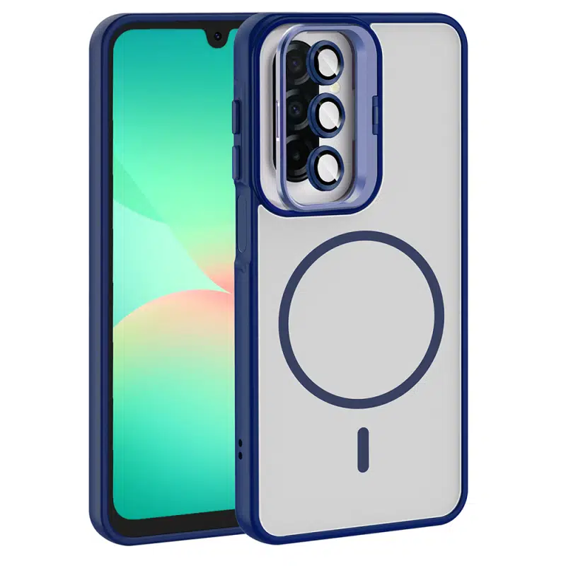 Samsung Galaxy A17 Uyumlu Kamera Çerçeve Standlı M-Safe Lacivert Etro Kapak