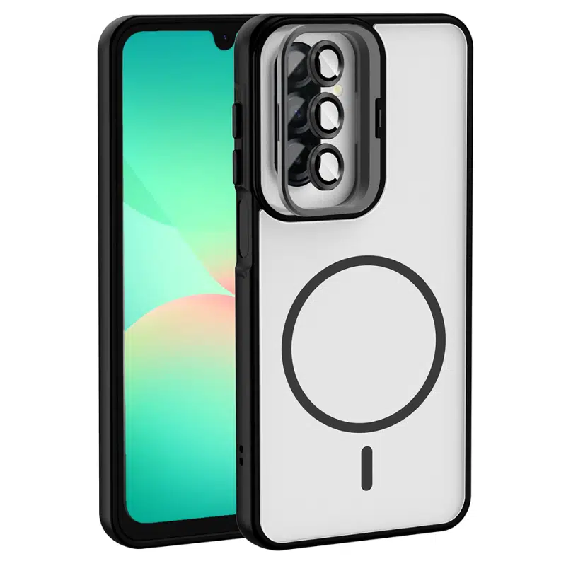 Samsung Galaxy A17 Uyumlu Kamera Çerçeve Standlı M-Safe Siyah Etro Kapak