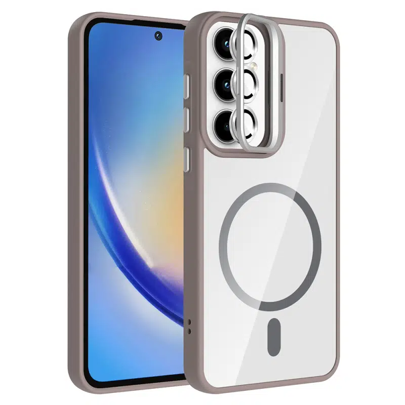 Samsung Galaxy A55 Uyumlu Kamera Çerçeve Standlı M-Safe Gri Etro Kapak